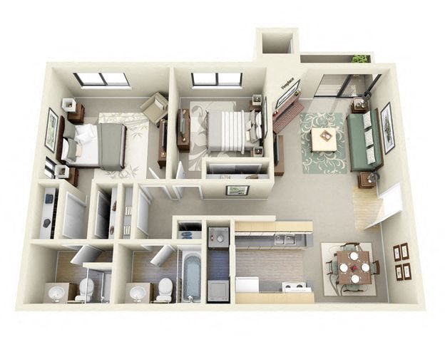The Overlook 2 Bedroom 2 Bathroom Floor Plan 3D Floor Plan Image of The Overlook - two bedroom apartments near me